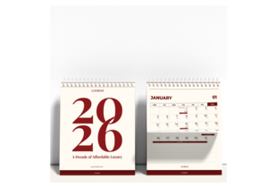 Lịch Để Bàn Lixibox 2026 Calendar thiết kế hiện đại với màu sắc trang nhã, hiển thị tháng Giêng và các ngày trong tháng. Sản phẩm hoàn hảo cho không gian làm việc, giúp tổ chức thời gian. Slogan "A Decade of Affordable Luxury" kèm thông tin chi tiết.
