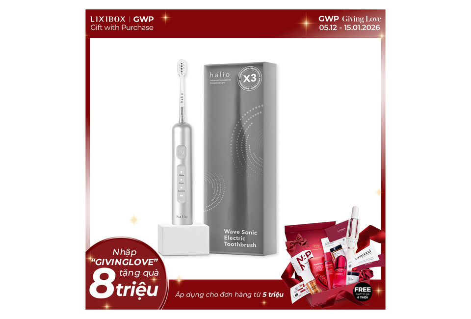 Bàn chải điện tích hợp công nghệ chuyển động kép Halio Wave Sonic Electric Toothbrush - Silver Frost với thiết kế sang trọng, cùng hộp đựng hiện đại và chương trình tặng quà hấp dẫn từ LIXIBOX.