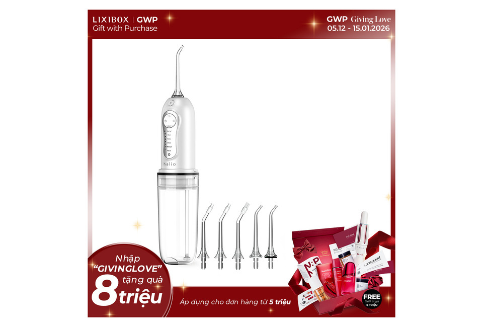 Máy tăm nước cầm tay 6 chế độ Halio Professional Cordless Oral Irrigator với thiết kế hiện đại, đi kèm năm đầu xịt đa năng, mang lại trải nghiệm làm sạch răng miệng hiệu quả. Khuyến mãi hấp dẫn cho đơn hàng từ 5 triệu đồng.