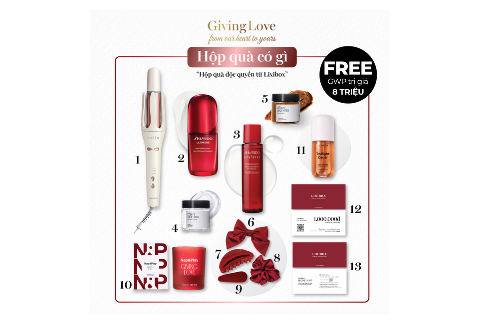 Hộp quà Combo Năng cơ - Tăng Sinh Collagen chứa nhiều sản phẩm chăm sóc sắc đẹp, bao gồm các thương hiệu nổi tiếng như Shiseido và Luxibox với nhiều ưu đãi hấp dẫn.