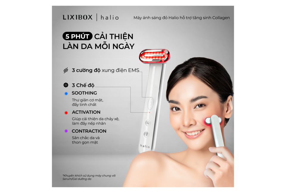 Combo Năng cơ - Tăng Sinh Collagen của Halio giúp cải thiện làn da chỉ trong 5 phút mỗi ngày. Sản phẩm có ba chế độ xung điện EMS: Soothing, Activation và Contraction, hỗ trợ làm đẹp da hiệu quả.