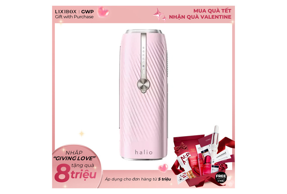 Máy Triệt Lông Lạnh Sapphire Halio InfinityGlow Advanced IPL Sapphire Cooling Hair Removal Device Kèm Set Gift - Soft Pink được thiết kế hiện đại với màu hồng mềm mại, lý tưởng cho việc triệt lông tại nhà.