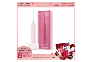 Bàn chải điện tích hợp công nghệ chuyển động kép Halio Wave Sonic Electric Toothbrush - Pink Whisper được hiển thị cùng với hộp sản phẩm. Hướng dẫn sử dụng và thông tin khuyến mãi đi kèm.