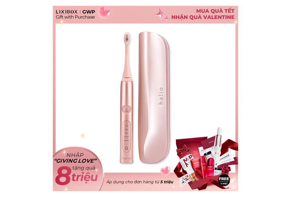 Bàn chải điện làm trắng răng Halio Sonic Whitening Toothbrush màu hồng vàng, đi kèm hộp bảo quản sang trọng. Sản phẩm hoàn hảo để chăm sóc răng miệng, mang lại nụ cười trắng sáng và tự tin.