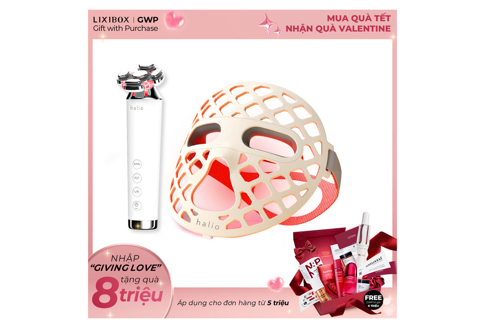 Combo Nâng Cơ & Làm Sáng từ Halio, bao gồm thiết bị nâng cơ và mặt nạ, dành cho những ai yêu thích làm đẹp. Quà tặng hấp dẫn cho đơn hàng từ 5 triệu đồng, tặng quà Tết và quà Valentine.