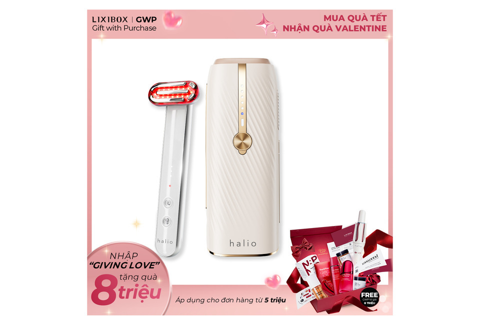 Combo Mịn Mát và Trẻ Hóa từ Halio gồm thiết bị chăm sóc da và quà tặng, lý tưởng cho việc làm đẹp mùa lễ hội. Đặc biệt với chương trình khuyến mãi hấp dẫn, quà tặng cho đơn hàng từ 5 triệu.