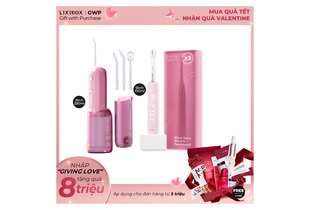 Hộp Combo Bật Mood Tự Tin - Pink Whisper với bộ sản phẩm chăm sóc răng miệng bao gồm bàn chải điện Wave Sonic, bình 280ml và bình 130ml, cùng dụng cụ hỗ trợ đi kèm. Khuyến mãi hấp dẫn cho đơn hàng từ 5 triệu.