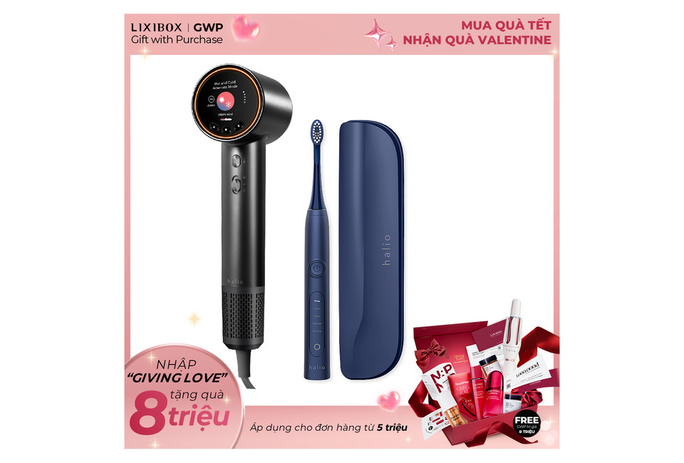Combo Tóc Đẹp – Cười Xinh, bao gồm máy sấy tóc halio và bàn chải đánh răng điện halio, kèm quà tặng hấp dẫn cho đơn hàng từ 5 triệu.