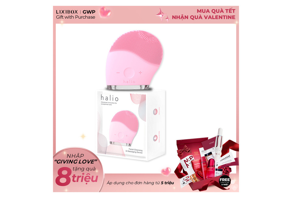Halio Facial Cleansing & Massaging Device Baby Pink Limited Edition, thiết kế nhỏ gọn và tinh tế, hộp sản phẩm với các thông tin chi tiết. Quà tặng với đơn hàng từ 5 triệu đồng, chương trình khuyến mãi hấp dẫn cho người tiêu dùng.