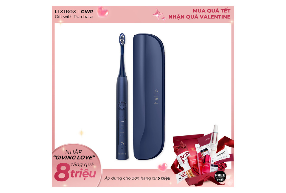 Bàn chải điện làm trắng răng Halio Sonic Whitening Electric Toothbrush Limited Edition - Midnight Blue, đi kèm với hộp đựng màu xanh tối, thiết kế hiện đại, tính năng làm trắng răng hiệu quả.