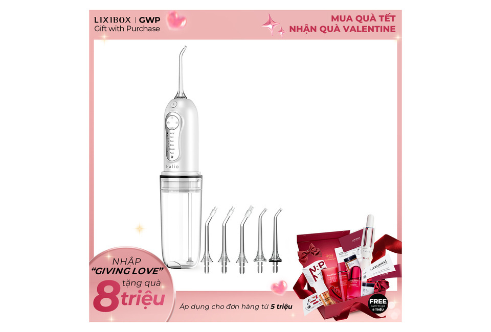 Máy tăm nước cầm tay 6 chế độ Halio Professional Cordless Oral Irrigator với thiết kế tiện lợi và 5 đầu phun thay thế, lý tưởng để làm sạch răng miệng hiệu quả. Paket kem dưỡng da cũng nằm trong khuyến mãi.