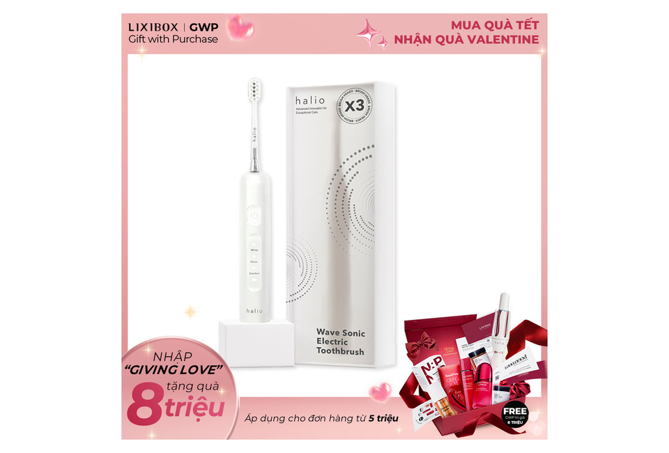Bàn chải điện tích hợp công nghệ chuyển động kép Halio Wave Sonic Electric Toothbrush - Cloud White với thiết kế tinh tế và hiện đại, đi kèm hộp sản phẩm tuyệt đẹp.