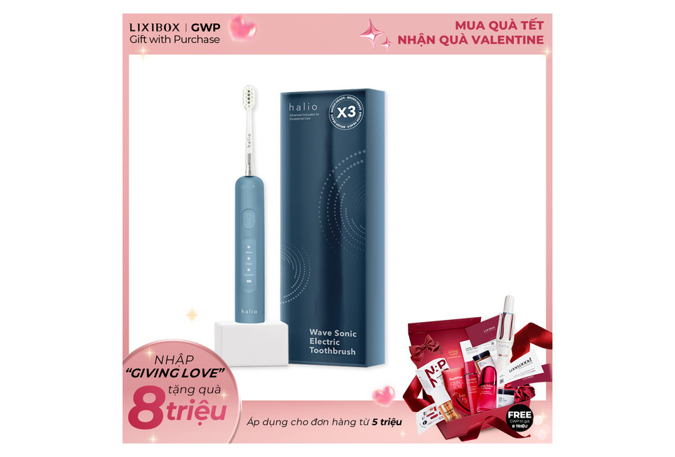 Bàn chải điện tích hợp công nghệ chuyển động kép Halio Wave Sonic Electric Toothbrush - Smoky Sky, đi kèm hộp sang trọng, với công nghệ tiên tiến giúp làm sạch răng miệng hiệu quả. Quà tặng hấp dẫn khi đặt hàng từ 5 triệu đồng.