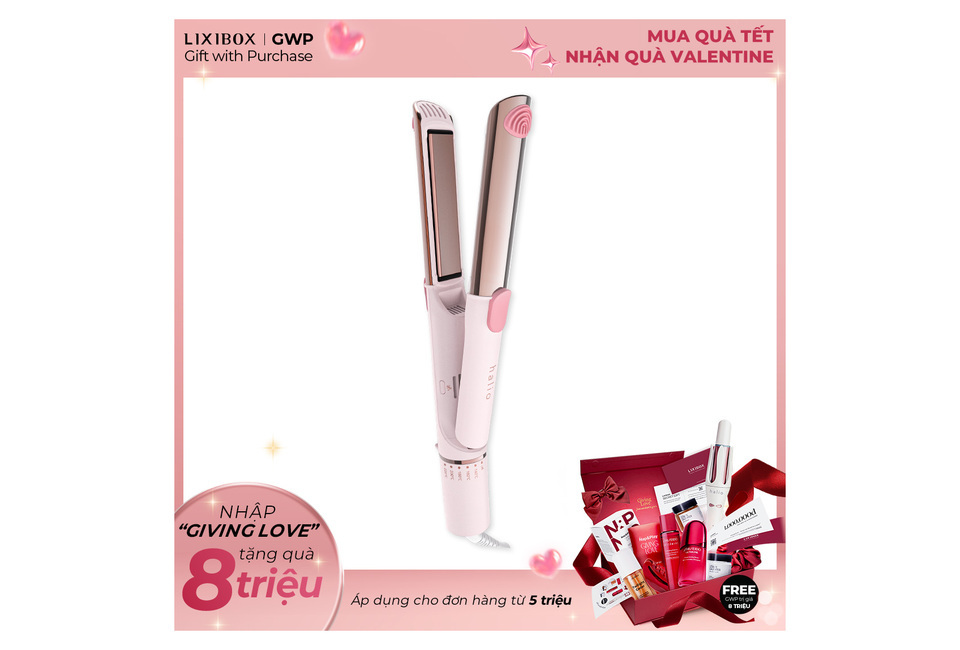Máy Tạo Kiểu Halio 2in1 Airplus Hair Styler màu hồng với thiết kế hiện đại, đi kèm quà tặng giá trị lên đến 8 triệu đồng mỗi đơn hàng từ 5 triệu, lý tưởng cho tạo kiểu tóc hoàn hảo.