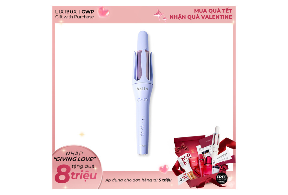 Máy Uốn Tóc Tự Xoay Ion Âm Halio instaCurl Premium Automatic Hair Styler màu Periwinkle, đi kèm quà tặng với hóa đơn từ 5 triệu đồng, đem lại kiểu tóc sóng bồng bềnh dễ dàng chỉ trong vài phút.