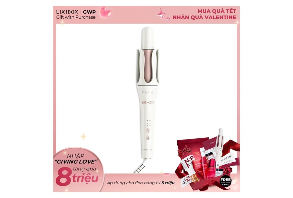 Máy Uốn Tóc Tự Xoay Ion Âm Halio instaCurl Premium Automatic Hair Styler màu trắng ngọc trai, thiết kế hiện đại với các nút điều khiển tiện lợi. Món quà hoàn hảo cho mái tóc uốn xoăn sang trọng và cuốn hút.