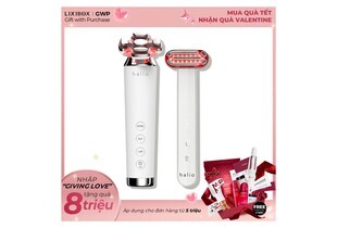 Combo Nâng cơ - Tăng Sinh Collagen của Halio, bao gồm hai thiết bị làm đẹp hiện đại, thiết kế sang trọng, với nhiều tính năng chăm sóc da hiệu quả, nằm trên nền màu hồng cùng với các ưu đãi quà tặng đi kèm.