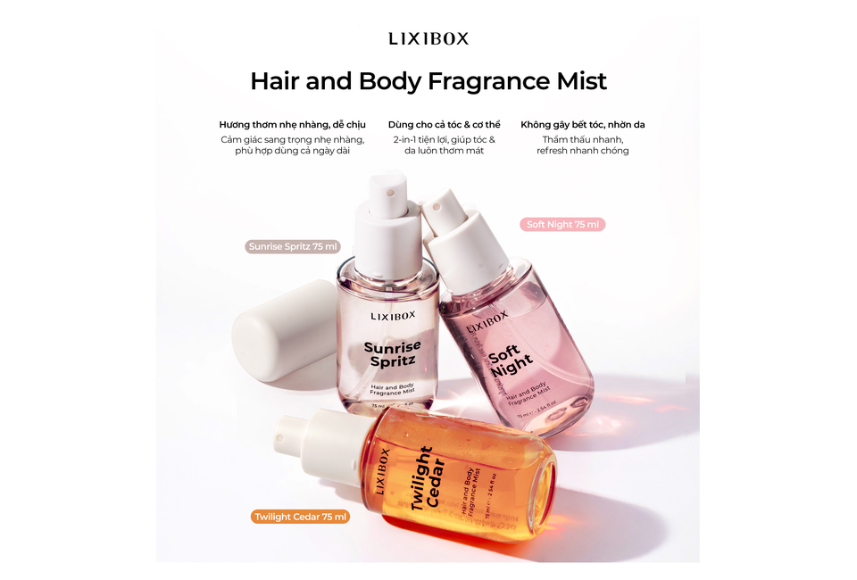 Nước Hoa Tóc & Toàn Thân Lixibox Hair and Body Fragrance Mist Sunrise Spritz 70ml cùng Soft Night và Twilight Cedar, mang lại hương thơm dịu nhẹ, thích hợp sử dụng hàng ngày với chức năng 2-trong-1 cho cả tóc và cơ thể.