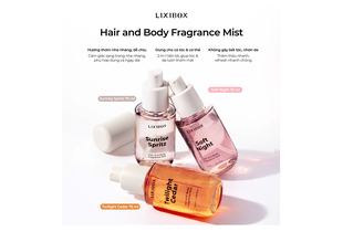 Nước Hoa Tóc & Toàn Thân Lixibox Hair and Body Fragrance Mist Sunrise Spritz 70ml cùng Soft Night và Twilight Cedar, mang lại hương thơm dịu nhẹ, thích hợp sử dụng hàng ngày với chức năng 2-trong-1 cho cả tóc và cơ thể.