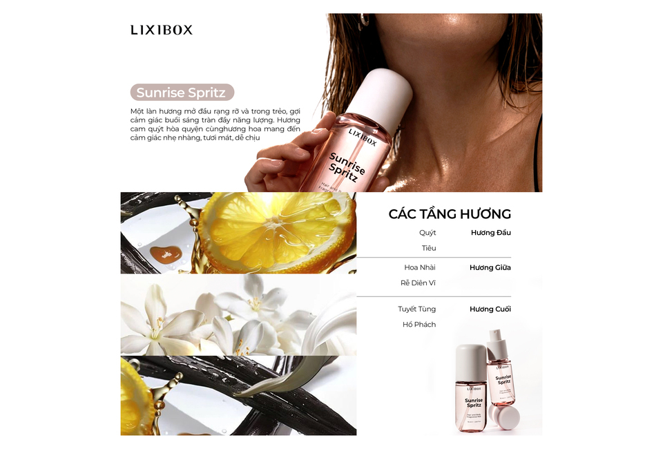 Nước Hoa Tóc & Toàn Thân Lixibox Hair and Body Fragrance Mist Sunrise Spritz 70ml, với hương quýt tươi mát, nhẹ nhàng tỏa ra tại bữa tiệc sắc xuân. Mang đến cảm giác trẻ trung và đầy năng lượng, sản phẩm hoàn hảo để nâng niu và làm mới bản thân.