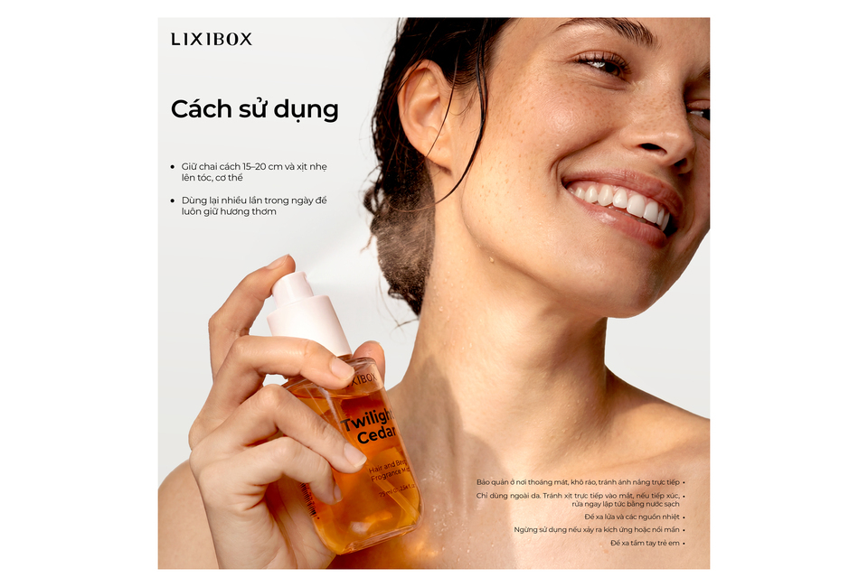 Nước Hoa Tóc & Toàn Thân Lixibox Hair and Body Fragrance Mist Twilight Cedar 70ml được hướng dẫn sử dụng với các bước phun từ khoảng cách 15-20 cm để giữ hương thơm lâu dài trong suốt cả ngày. Sản phẩm thích hợp để giữ cho làn da và tóc luôn thơm mát, tươi mới.