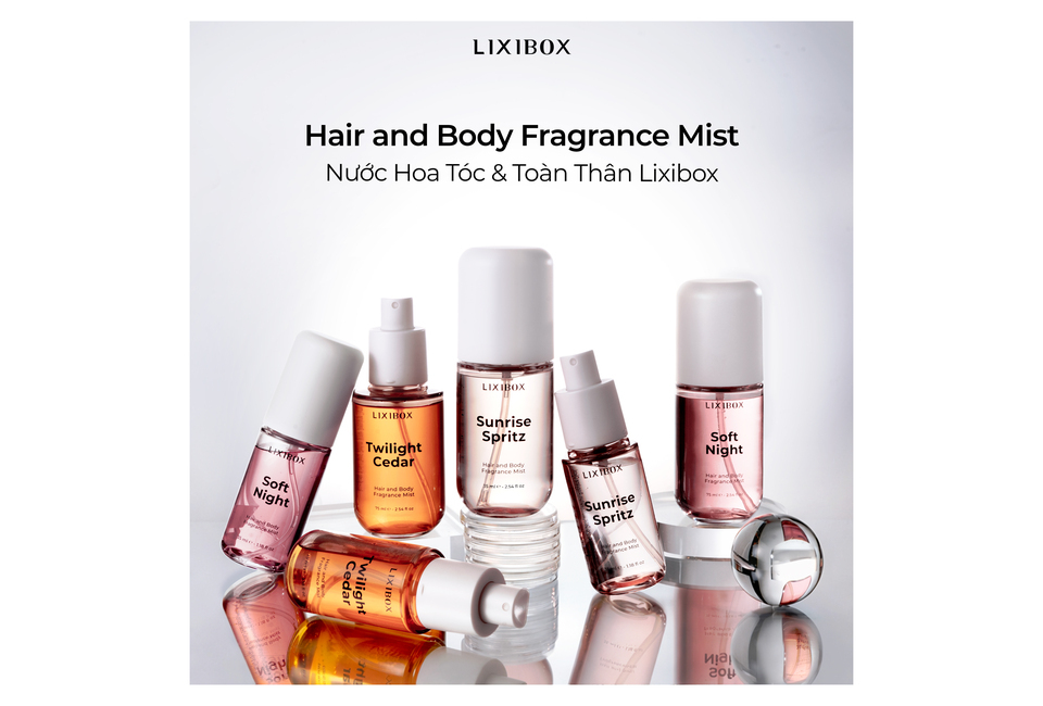Bộ 3 Chai Nước Hoa Tóc & Toàn Thân Lixibox bao gồm 3 chai 35ml với các mùi hương Soft Night, Twilight Cedar và Sunrise Spritz, hoàn hảo cho việc tạo hương thơm lâu dài và tươi mới.