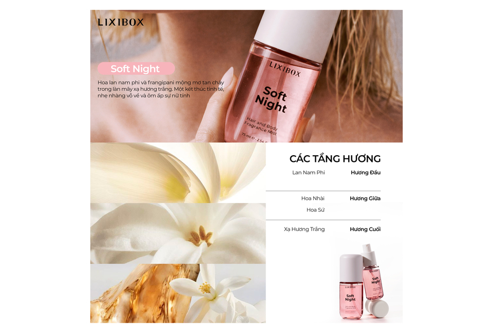 Bộ 3 Chai Nước Hoa Tóc & Toàn Thân Lixibox Hair and Body Fragrance Mist Moments 3 x 35ml với hương thơm thanh mát, nhẹ nhàng, thích hợp cho cả tóc và cơ thể, bao gồm các tầng hương hoa nhài, lan nam phi và xạ hương trắng.