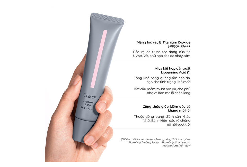 Kem Lót Trang Điểm Chống Nắng Chacott Lasting Base SPF 50+ PA+++ 42g Màu 550, bảo vệ da khỏi UVA/UVB. Công thức giúp kiềm dầu, giảm mồ hôi. Thích hợp cho da nhạy cảm, mang đến độ ẩm và che khuyết điểm hiệu quả.