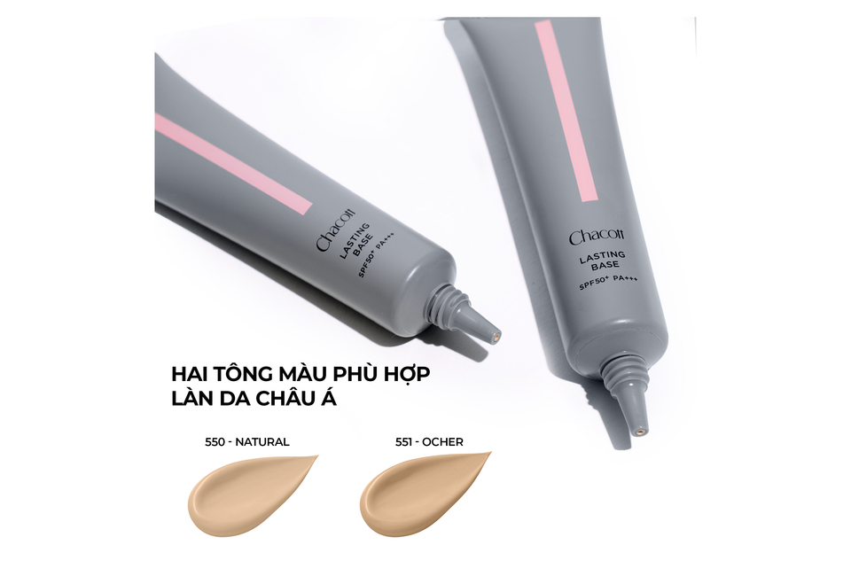 Kem Lót Trang Điểm Chống Nắng Chacott Lasting Base SPF 50+ PA+++ 42g với hai tông màu phù hợp là 550 - Natural và 551 - Ocher, dành cho làn da châu Á.