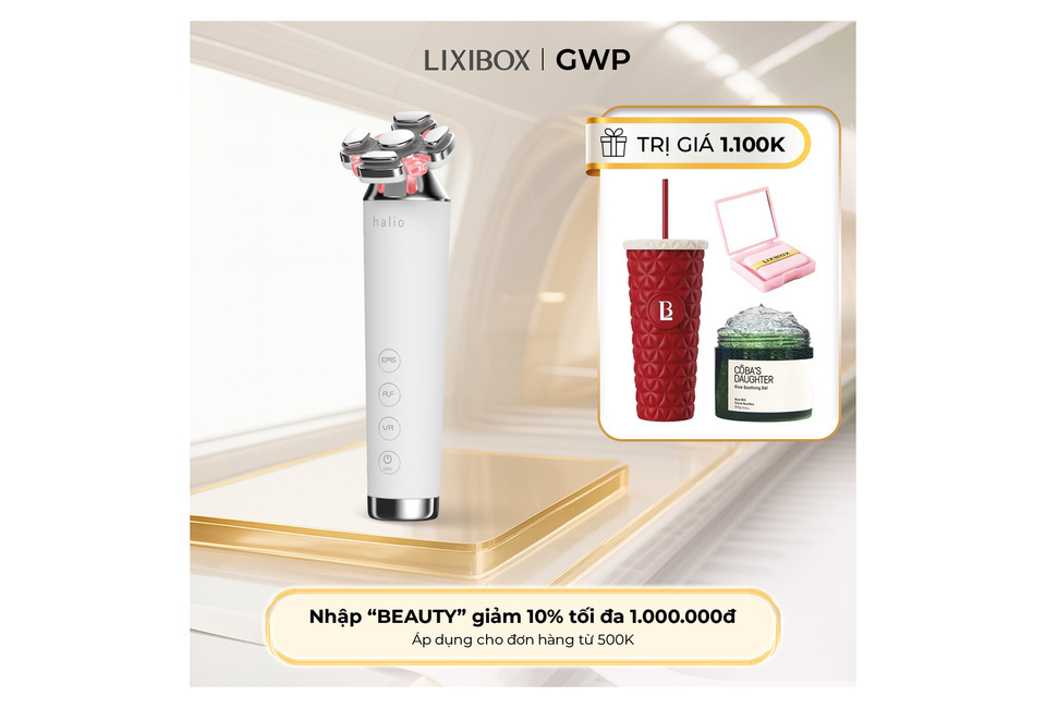 Máy nâng cơ Halio RevitaWave Skin Rejuvenator giúp giảm mỡ mặt và trẻ hóa da, kèm với ưu đãi quà tặng trị giá 1.100K, áp dụng cho đơn hàng từ 500K.