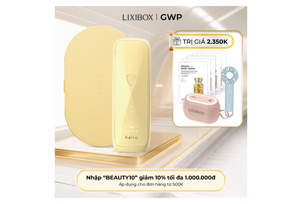 Máy Triệt Lông Halio SilkGlow IPL Sapphire Cooling Hair Removal Device - Yellow với thiết kế tinh tế, đi kèm hộp bảo vệ. Sản phẩm lý tưởng cho những ai muốn triệt lông hiệu quả tại nhà.