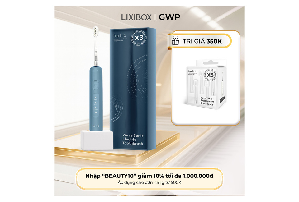 Bàn chải điện tích hợp công nghệ chuyển động kép Halio Wave Sonic Electric Toothbrush - Smoky Sky, đi kèm hộp đựng và bộ đầu bàn chải thay thế, mang đến trải nghiệm chăm sóc răng miệng tốt nhất.