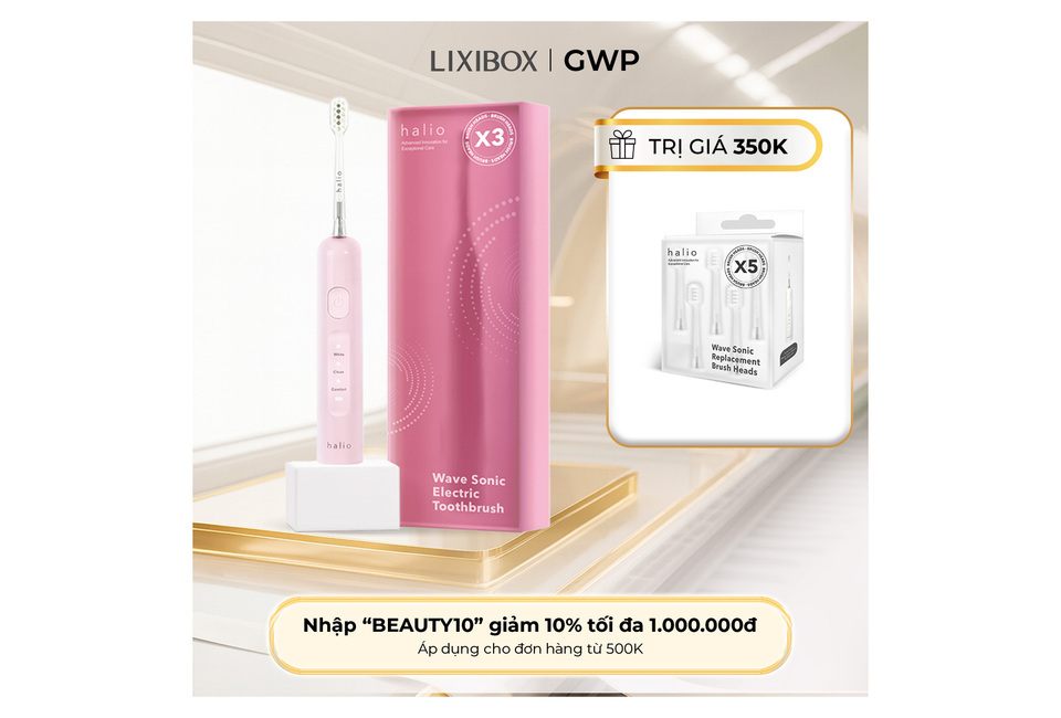 Bàn chải điện Halio Wave Sonic Electric Toothbrush màu hồng, kèm hộp và 5 đầu bàn chải thay thế, hỗ trợ chăm sóc răng miệng hiệu quả với công nghệ chuyển động kép, giá trị ưu đãi 350K, mã giảm giá 'BEAUTY10'.