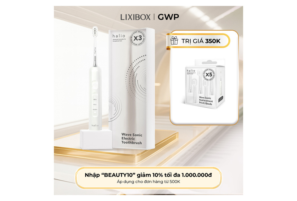 Bàn chải điện tích hợp công nghệ chuyển động kép Halio Wave Sonic Electric Toothbrush - Cloud White và bộ đầu bàn chải thay thế Wave Sonic. Khuyến mãi giảm 10% với mã "BEAUTY10" cho đơn hàng từ 500K!