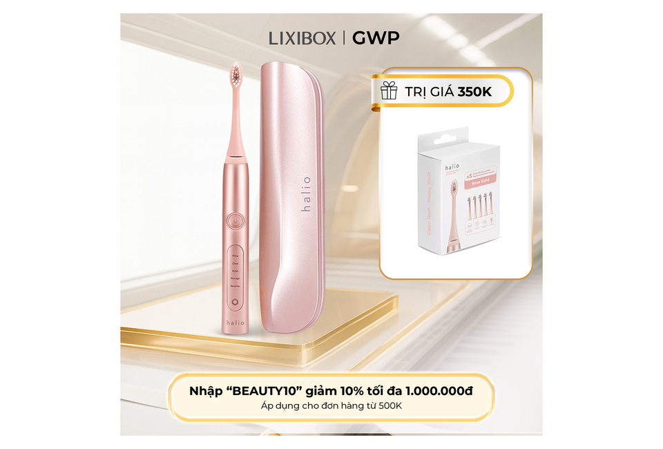 Bàn chải điện làm trắng răng Halio Sonic Whitening Toothbrush màu hồng vàng, đi kèm với hộp đựng sang trọng và thông tin khuyến mãi cho việc giảm giá.