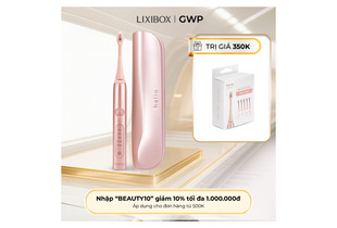 Bàn chải điện làm trắng răng Halio Sonic Whitening Toothbrush màu hồng vàng, đi kèm với hộp đựng sang trọng và thông tin khuyến mãi cho việc giảm giá.