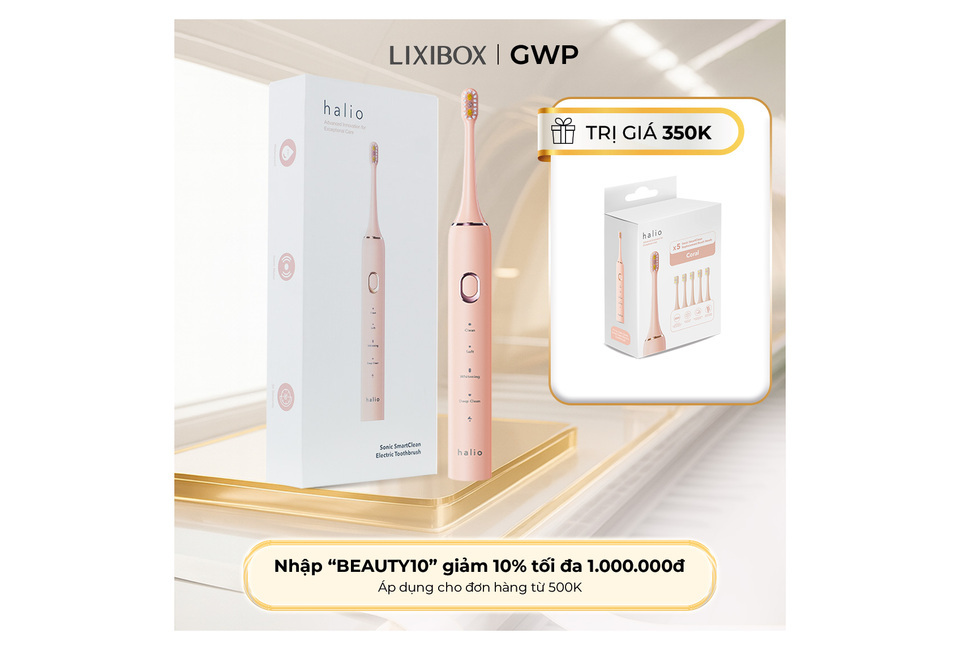 Bàn chải điện Halio Sonic SmartClean Electric Toothbrush Coral với thiết kế hiện đại và công nghệ tân tiến, đi kèm hộp bao gồm 5 đầu bàn chải, phù hợp cho việc chăm sóc răng miệng hiệu quả tại nhà.