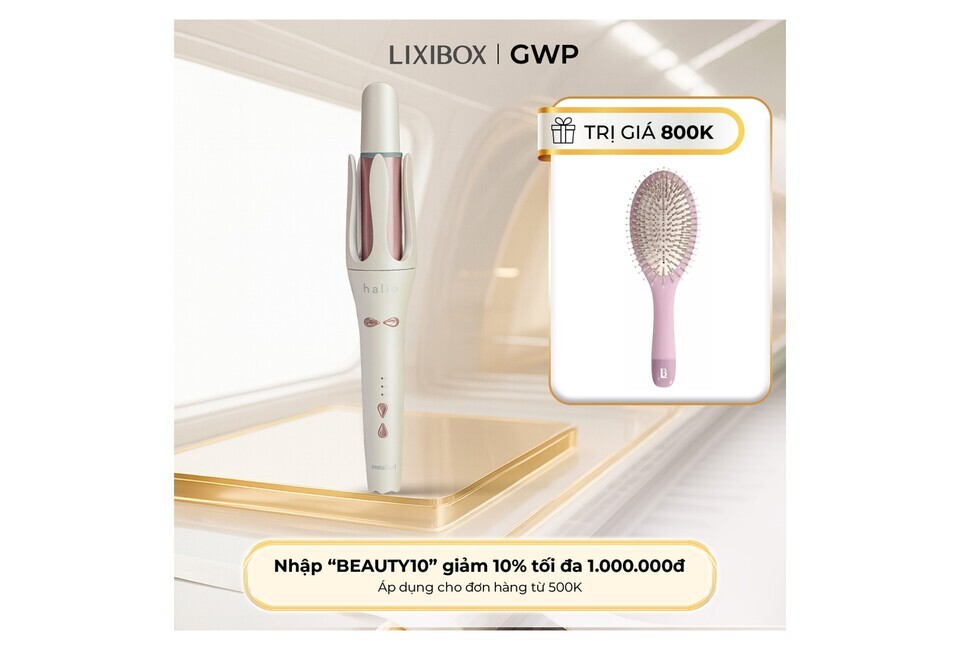 Máy Uốn Tóc Tự Xoay Ion Âm Halio instaCurl Premium Automatic Hair Styler màu Ngọc Trai Trắng, kèm theo một lược chải tóc hình tròn màu hồng, với ưu đãi giảm giá từ mã "BEAUTY10".