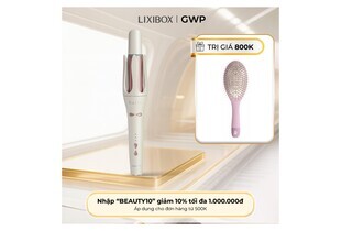 Máy Uốn Tóc Tự Xoay Ion Âm Halio instaCurl Premium Automatic Hair Styler màu Ngọc Trai Trắng, kèm theo một lược chải tóc hình tròn màu hồng, với ưu đãi giảm giá từ mã "BEAUTY10".