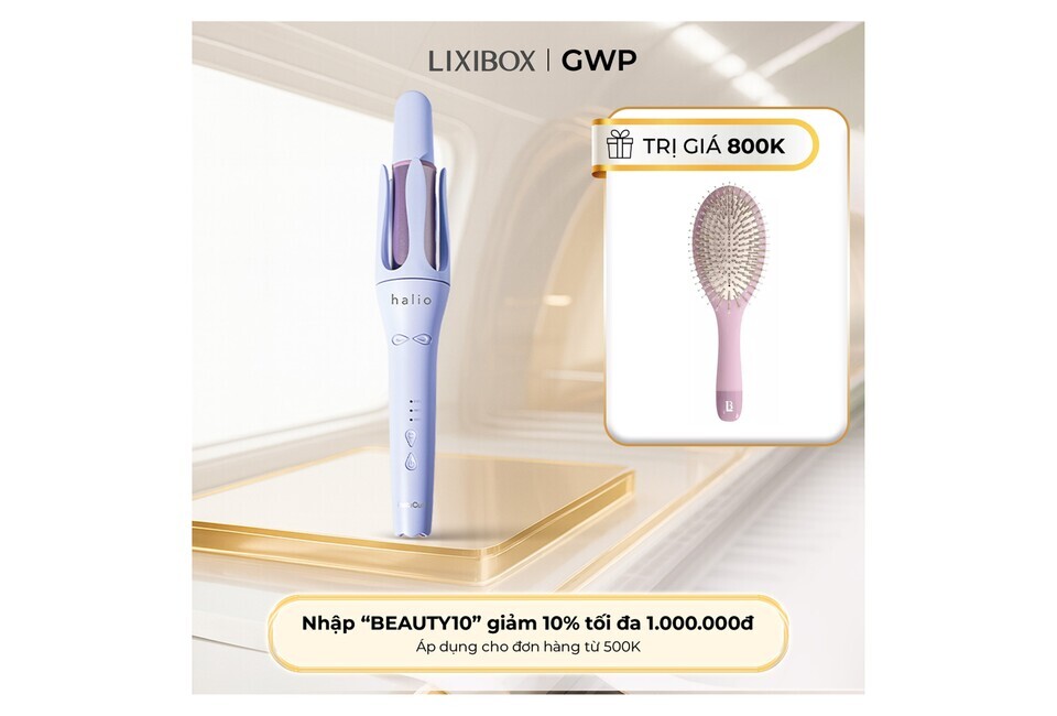 Máy Uốn Tóc Tự Xoay Ion Âm Halio instaCurl Premium Automatic Hair Styler màu Periwinkle, từ LIXIBOX, kèm theo ưu đãi giảm giá khi nhập mã 'BEAUTY10'.
