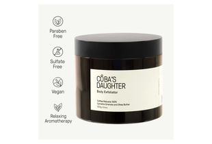 CoBa’s Daughter Body Exfoliator 300gr, featuring a blend of Coffee Robusta 100%, Camellia Sinensis, and Shea Butter. Paraben free, sulfate free, and vegan, with relaxing aromatherapy benefits for a luxurious skincare experience.