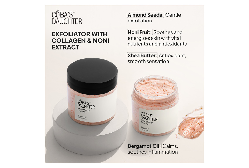 Tẩy Tế Bào Chết Toàn Thân Hạnh Nhân CoBa’s Daughter Body Exfoliator 70gr chứa chiết xuất collagen và noni, giúp tẩy tế bào chết nhẹ nhàng với hạt hạnh nhân, mang lại cảm giác mịn màng nhờ bơ shea và tinh dầu bergamot.