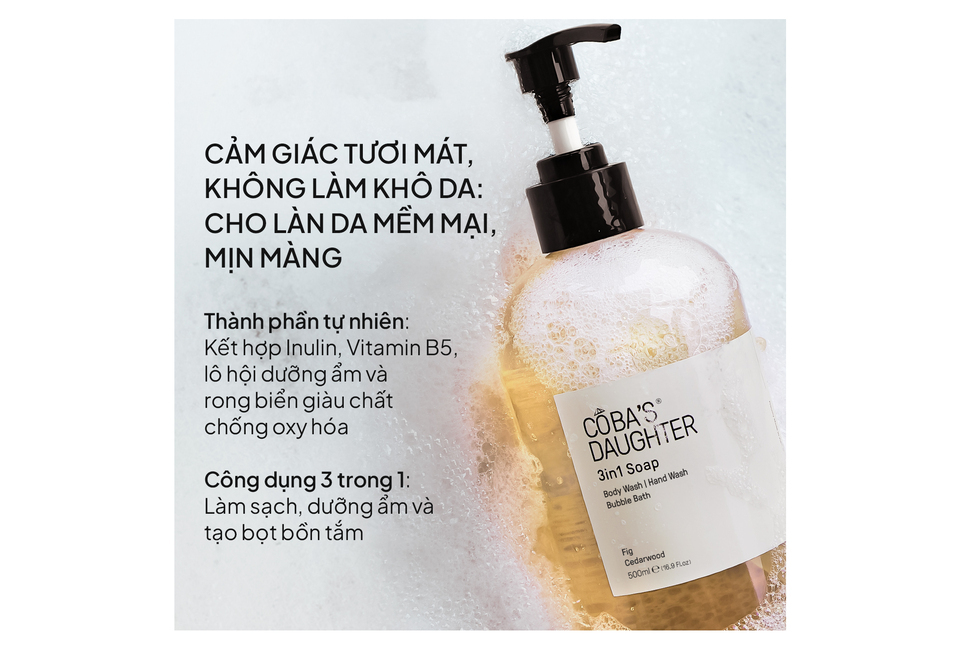 Gel Tắm Rửa tay Tắm Bồn CoBa's Daughter 3in1 Bodywash, Hand Wash and Bubble Bath 500ml với hương Vả và Giấy Tần Trà, giúp làm sạch, dưỡng ẩm và tạo bọt cho làn da mềm mại, mịn màng.