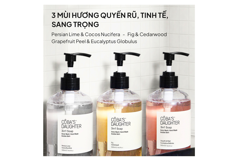 Gel Tắm Rửa tay Tắm Bồn CoBa's Daughter 3in1 Bodywash, Hand Wash and Bubble Bath 500ml - Fig & Cedarwood với hương thơm quyến rũ từ Figs và Cedarwood. Sản phẩm mang đến trải nghiệm tắm rửa sang trọng và thư giãn cho người sử dụng.