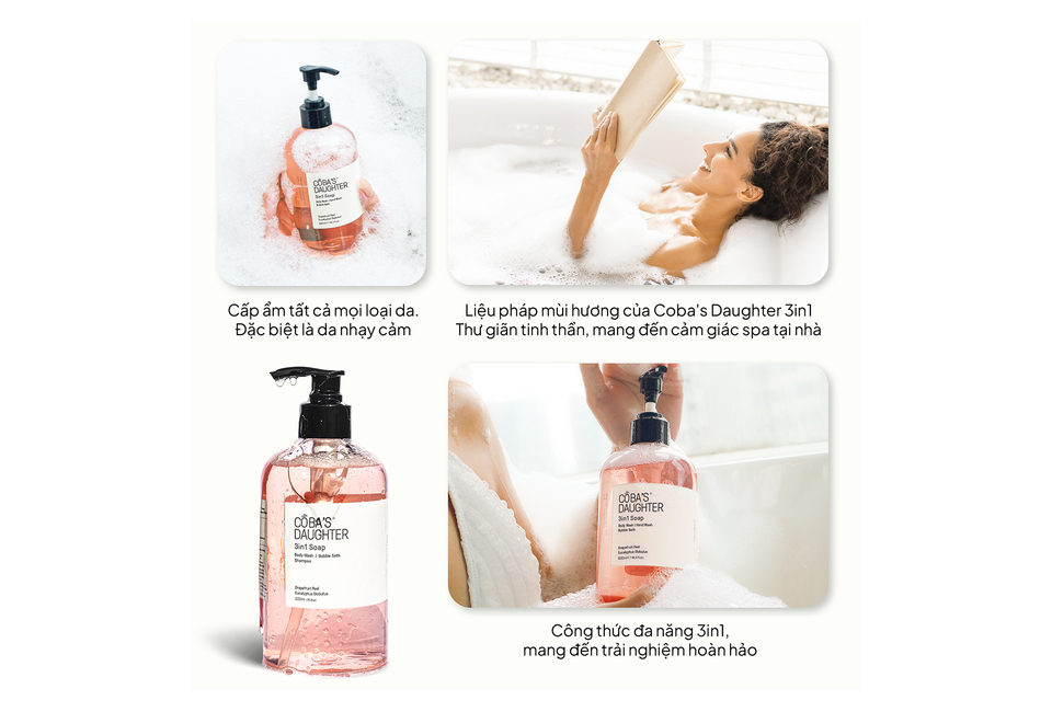 Gel Tắm Rửa tay Tắm Bồn CoBa's Daughter 3in1 Bodywash, Hand Wash and Bubble Bath 500ml với hương bưởi và khuynh diệp mang lại cảm giác thư giãn tuyệt vời, phù hợp cho mọi loại da, đặc biệt là da nhạy cảm, lý tưởng cho trải nghiệm spa tại nhà.