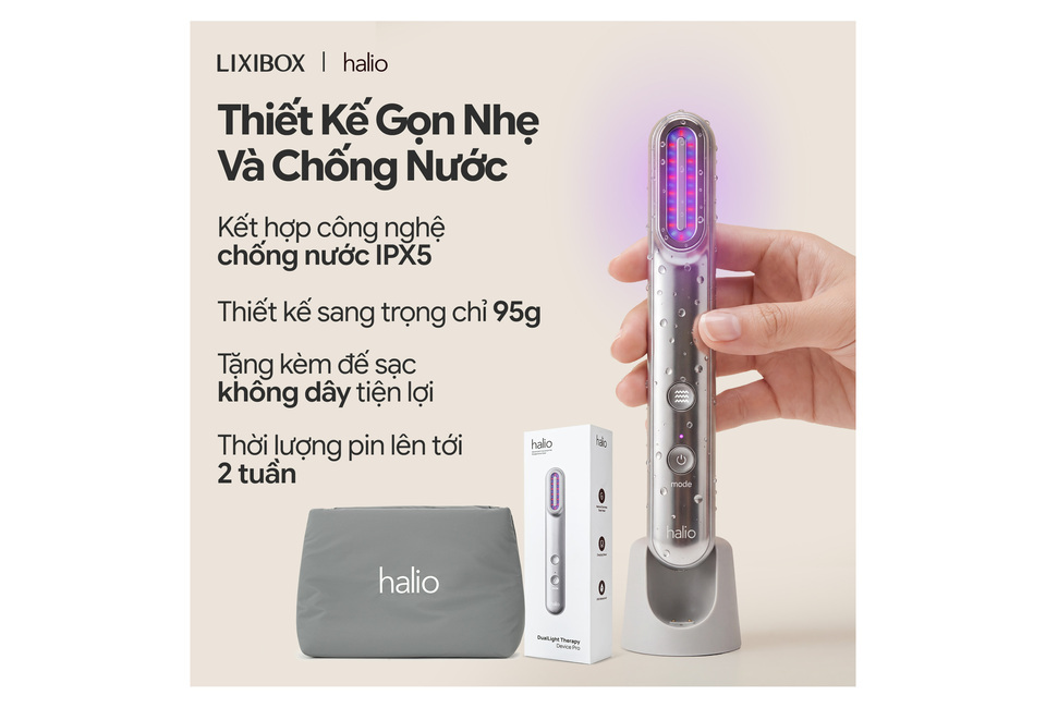 Máy Phức Hợp Ánh Sáng Đa Tầng Halio Pro với thiết kế gọn nhẹ, chống nước IPX5, nặng chỉ 95g, kèm đế sạc không dây tiện lợi, thời lượng pin lên tới 2 tuần.