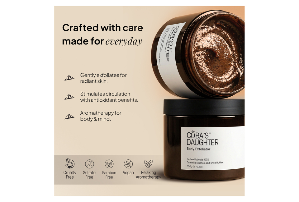 CoBa’s Daughter Body Exfoliator 300gr, a skincare product, gently exfoliates for radiant skin, stimulates circulation with antioxidant benefits, and provides aromatherapy for body and mind. Cruelty-free, sulfate-free, and paraben-free, perfect for everyday use.