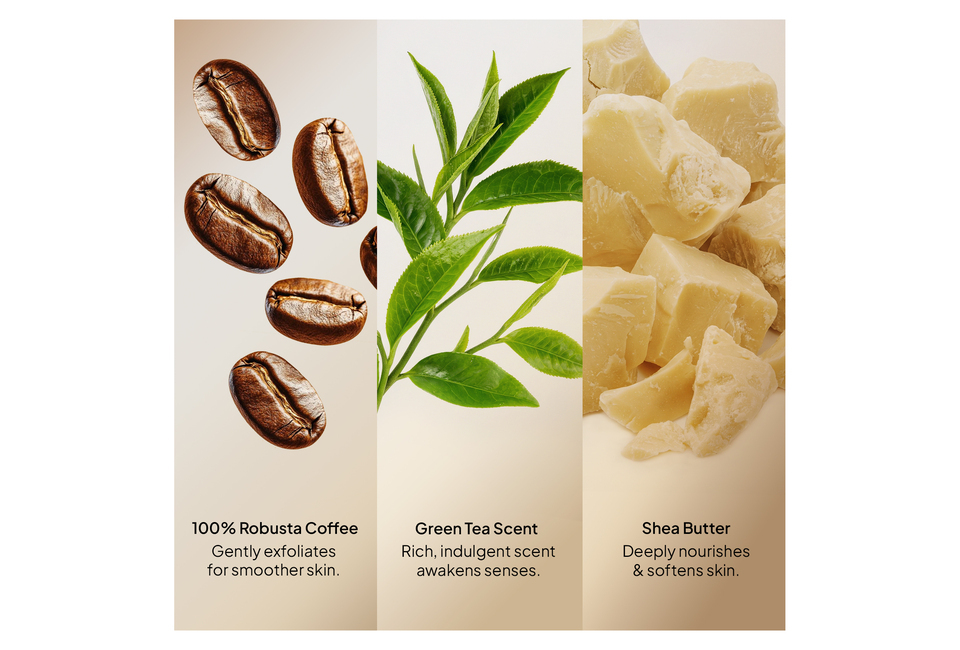 CoBa’s Daughter Body Exfoliator 300gr featuring 100% Robusta Coffee for smooth skin, a rich Green Tea Scent to awaken the senses, and Shea Butter for deep nourishment and softening of the skin.