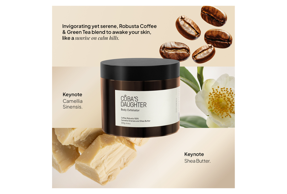 Sản phẩm CoBa’s Daughter Body Exfoliator 300gr với thành phần Coffee Robusta 100% cùng Camellia Sinensis và Shea Butter, mang lại làn da mềm mại tươi sáng, như ánh bình minh trên những ngọn đồi yên tĩnh.