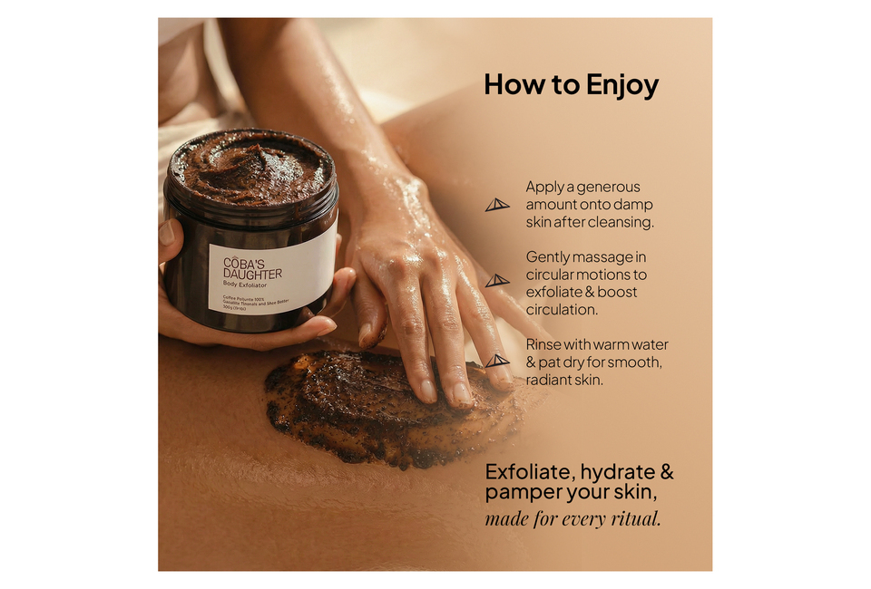 CoBa’s Daughter Body Exfoliator 300gr in a jar with instructions on how to use it for exfoliating and hydrating skin, featuring steps like applying to damp skin, massaging in circular motions, and rinsing for smooth, radiant skin.